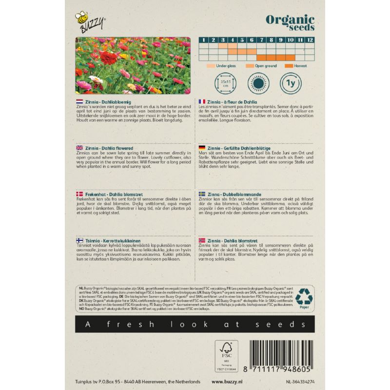 Zinnia dubbele Dahliabloemige mix - BIO